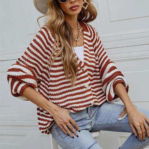 Striped Button Down Long Sleeve Cardigan - Trendsi - Flyclothing LLC