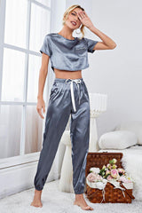 Satin Short Sleeve Crop Top and Joggers Lounge Set - Trendsi
