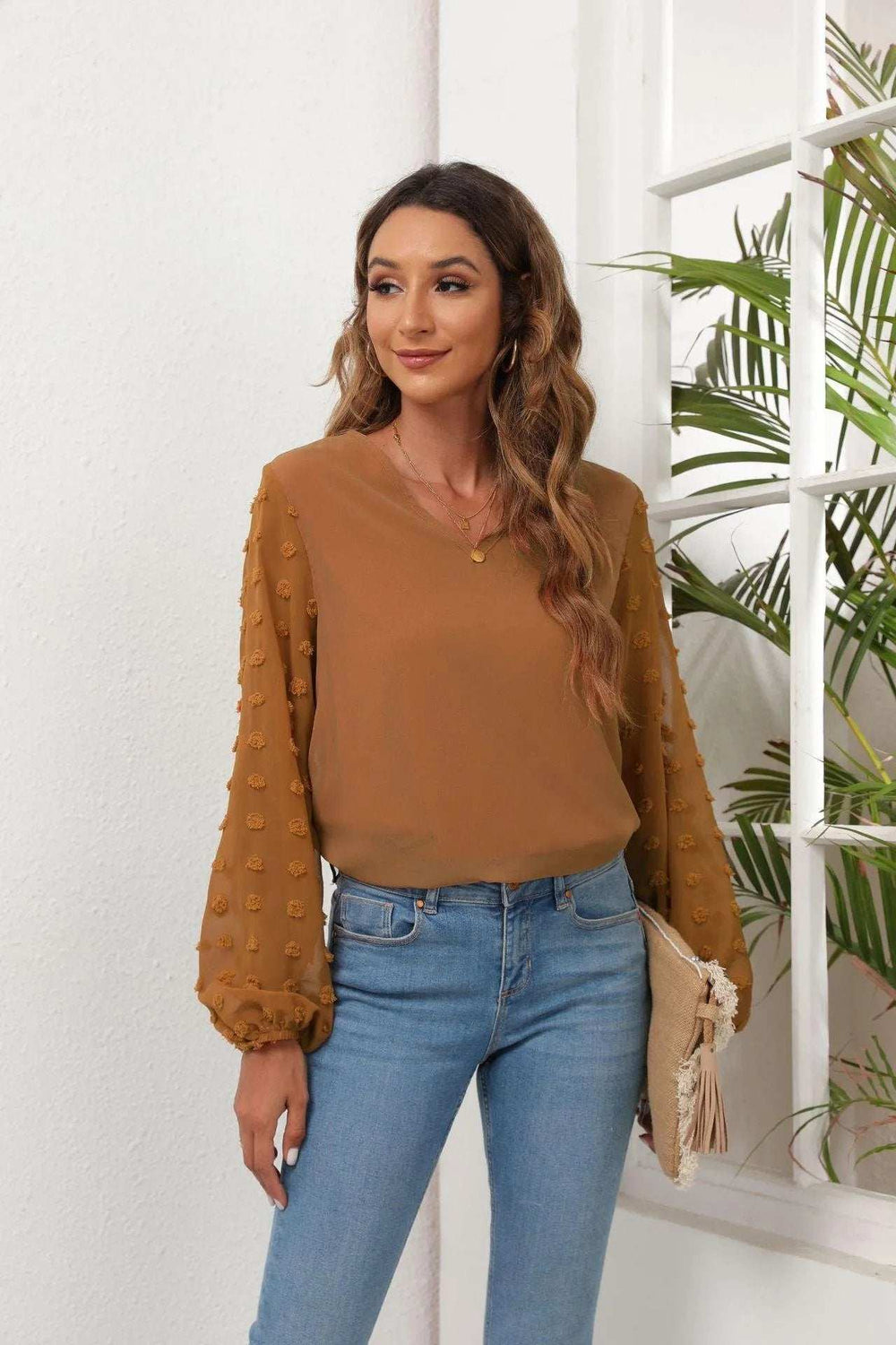 Swiss Dot Balloon Sleeve Blouse - Trendsi - Flyclothing LLC