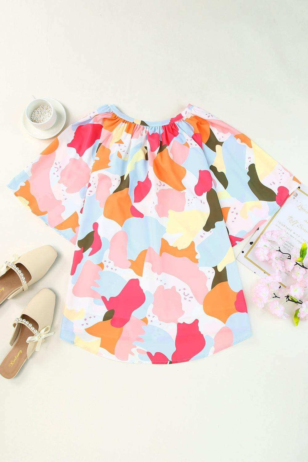 Printed Notched Neck Half Sleeve Blouse - Trendsi - Flyclothing LLC