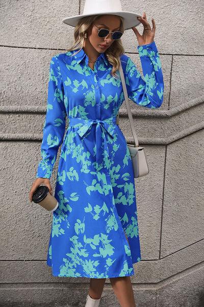 Printed Button Up Tie Waist Dress - Trendsi