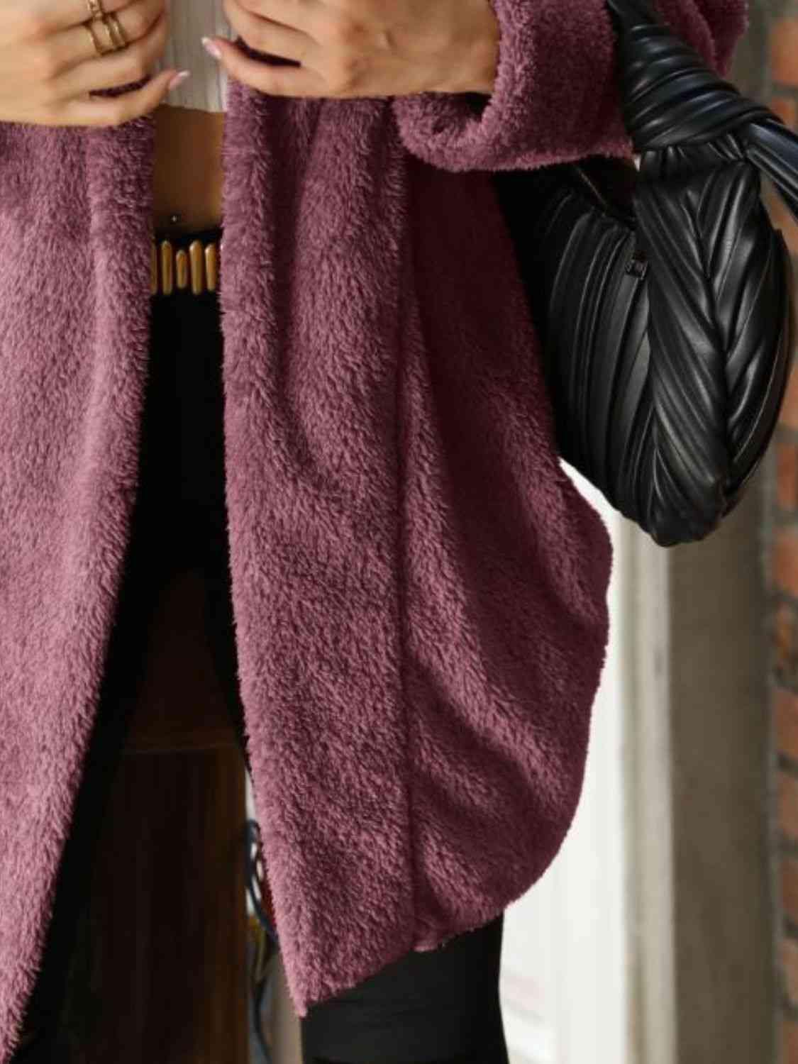 Open Front Hooded Teddy Coat - Trendsi