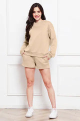 Round Neck Long Sleeve Sweatshirt and Drawstring Shorts Set - Trendsi - Flyclothing LLC