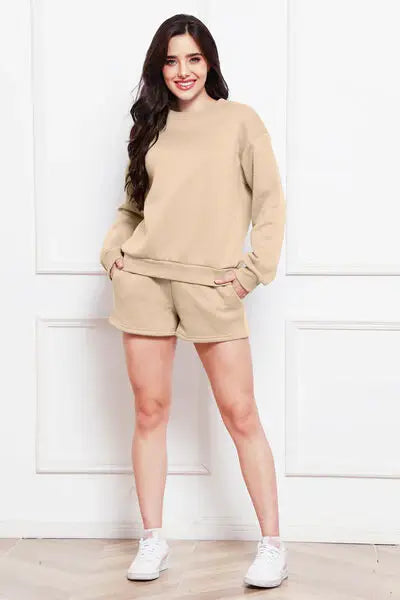 Round Neck Long Sleeve Sweatshirt and Drawstring Shorts Set - Trendsi - Flyclothing LLC