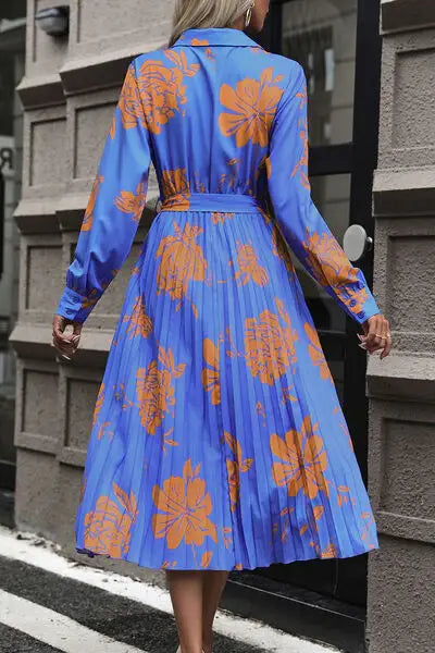 Floral Pleated Surplice Long Sleeve Midi Dress - Trendsi - Flyclothing LLC