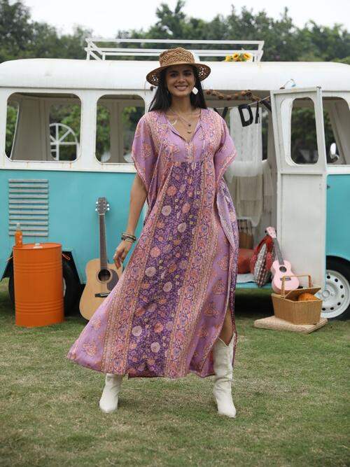 Printed Tie Neck Short Sleeve Dress - Trendsi - Flyclothing LLC