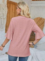 Eyelet Notched Half Sleeve T-Shirt - Trendsi - Flyclothing LLC