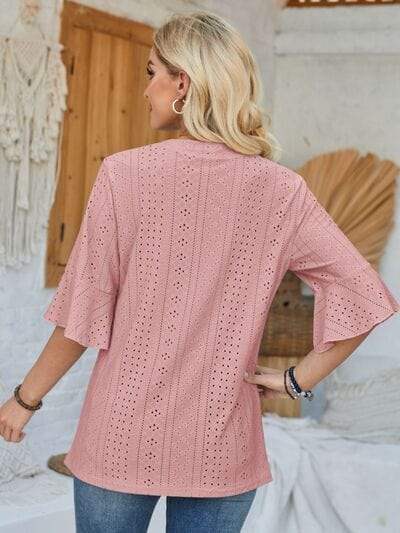 Eyelet Notched Half Sleeve T-Shirt - Trendsi - Flyclothing LLC