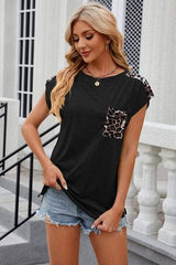 Leopard Round Neck Cap Sleeve T-Shirt - Trendsi - Flyclothing LLC