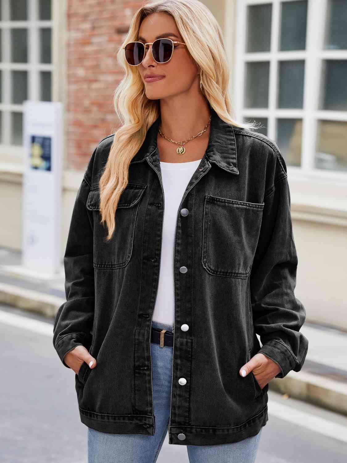 Button Up Denim Jacket with Pockets - Trendsi - Flyclothing LLC