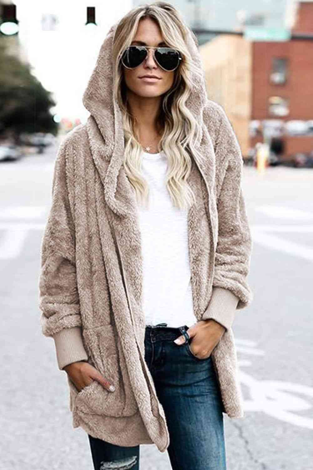 Teddy Hooded Jacket with Pockets - Trendsi - Flyclothing LLC