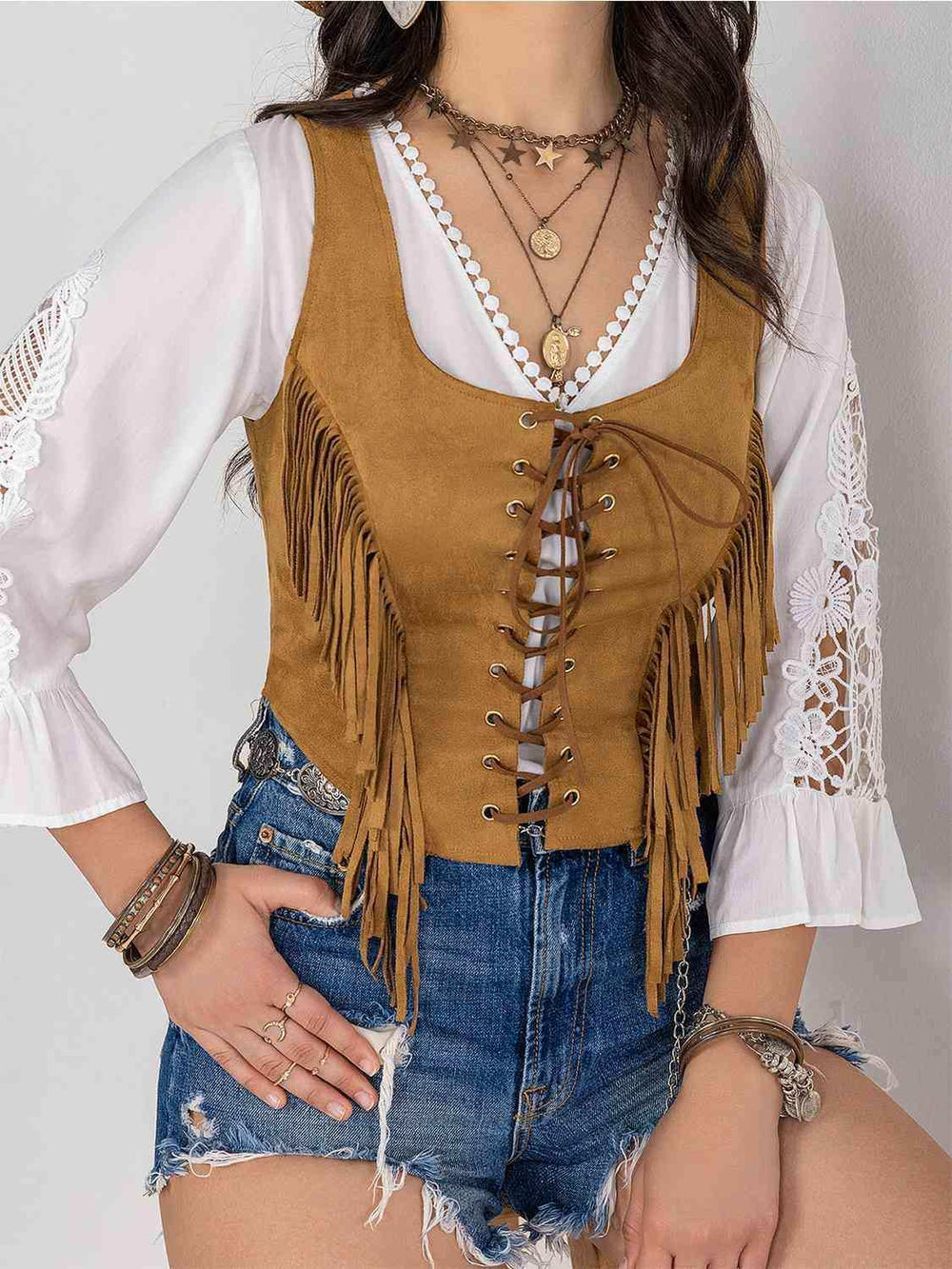 Fringe Lace-Up Vest - Trendsi - Flyclothing LLC