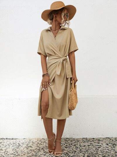 Tied Slit Short Sleeve Dress - Trendsi - Flyclothing LLC