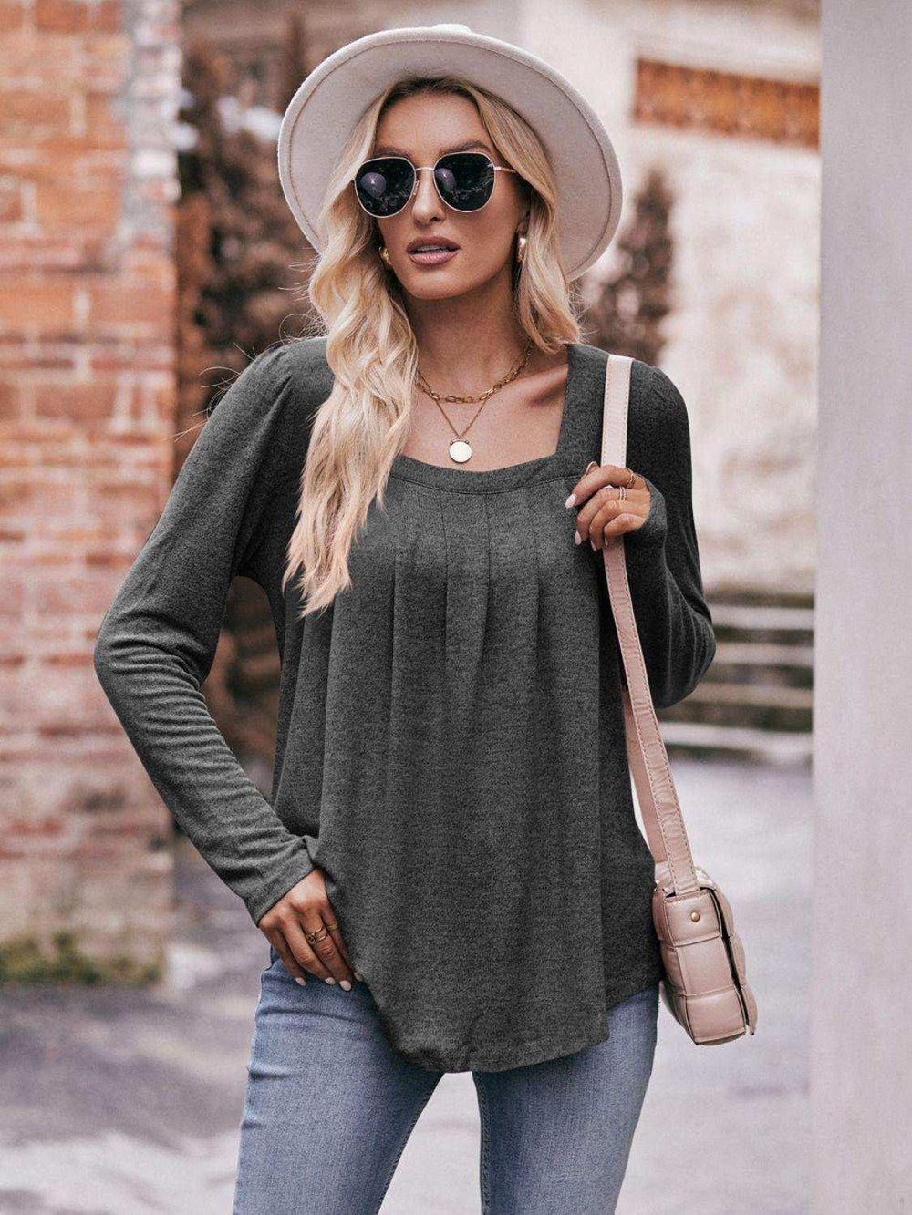 Pleated Detail Curved Hem Long Sleeve Top - Trendsi - Flyclothing LLC