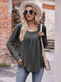 Pleated Detail Curved Hem Long Sleeve Top - Trendsi - Flyclothing LLC