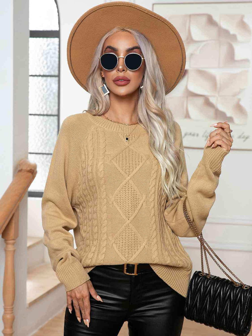 Cable-Knit Long Sleeve Sweater - Trendsi - Flyclothing LLC