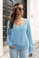 Ribbed Scoop Neck Long Sleeve Pullover Sweater - Trendsi