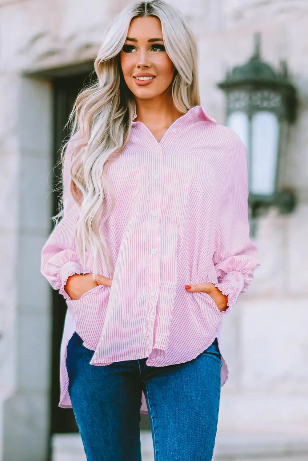 Striped Lantern Sleeve Collared Shirt - Trendsi - Flyclothing LLC