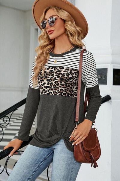 Leopard Striped Round Neck T-Shirt - Trendsi