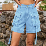 High Waist Denim Cargo Shorts - Trendsi - Flyclothing LLC