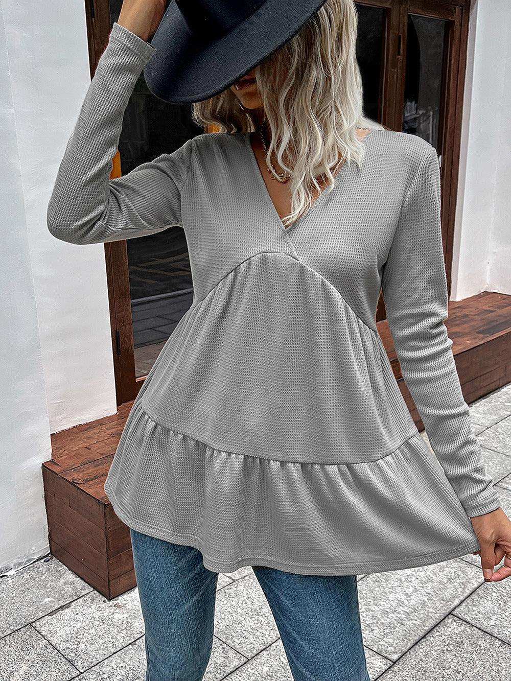 Waffle-knit V-Neck Long Sleeve Blouse - Trendsi - Flyclothing LLC