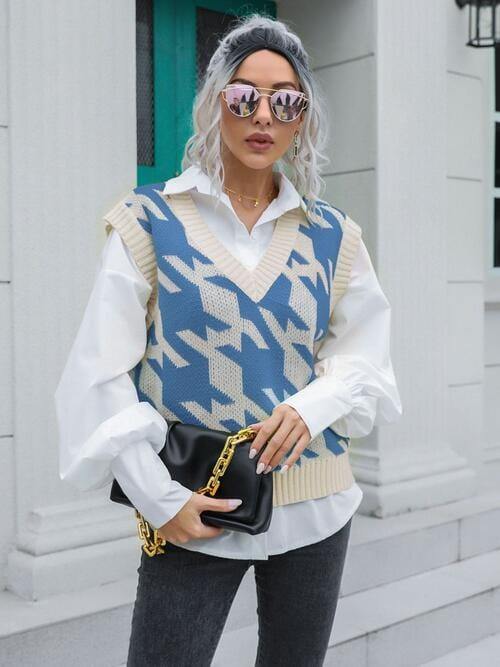 Houndstooth V-Neck Sweater Vest - Trendsi
