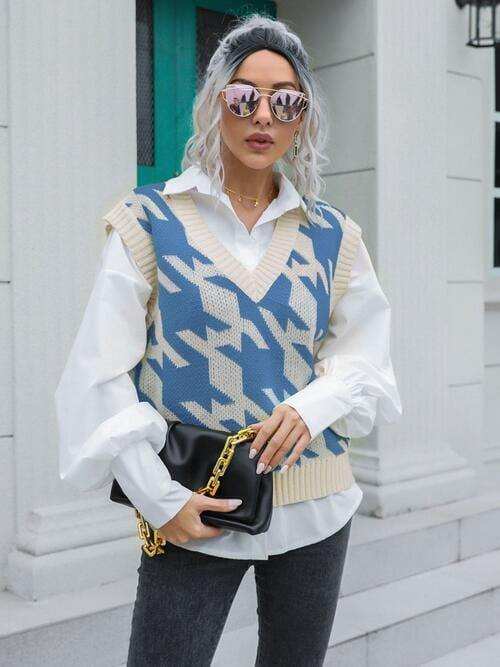 Houndstooth V-Neck Sweater Vest - Trendsi - Flyclothing LLC