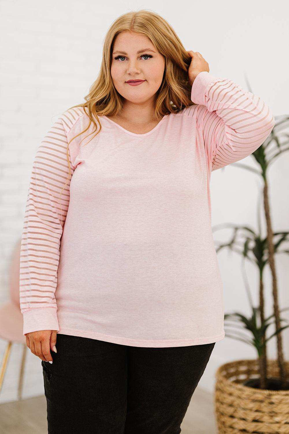 Plus Size Sheer Striped Sleeve V-Neck Top - Trendsi - Flyclothing LLC