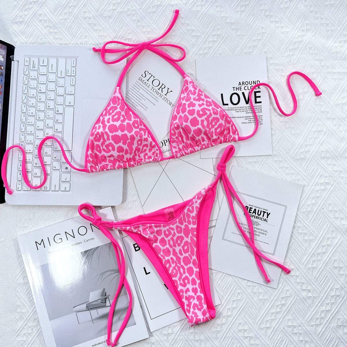 Leopard Print Halter Neck Tie Side Bikini Set - Trendsi - Flyclothing LLC
