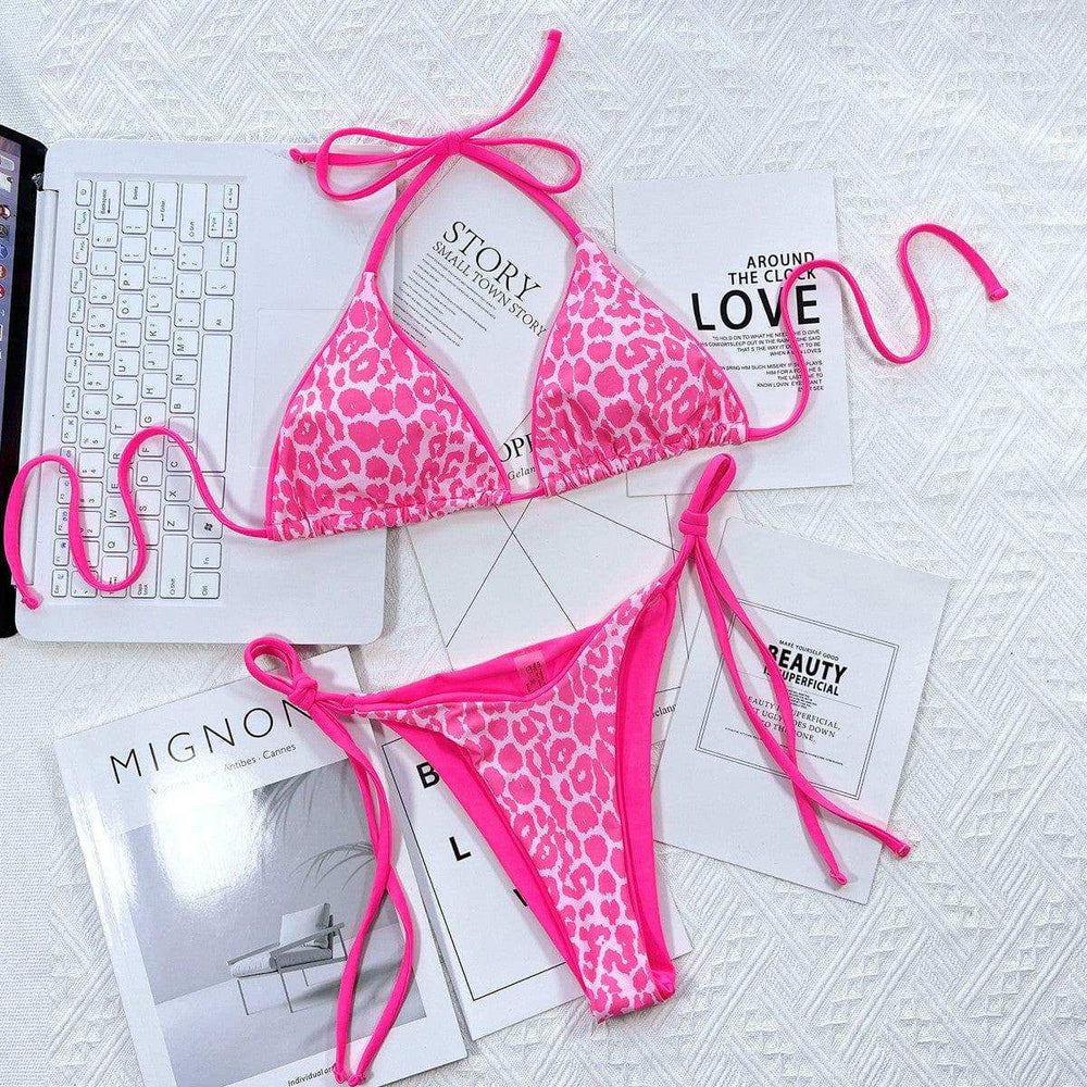Leopard Print Halter Neck Tie Side Bikini Set - Trendsi - Flyclothing LLC