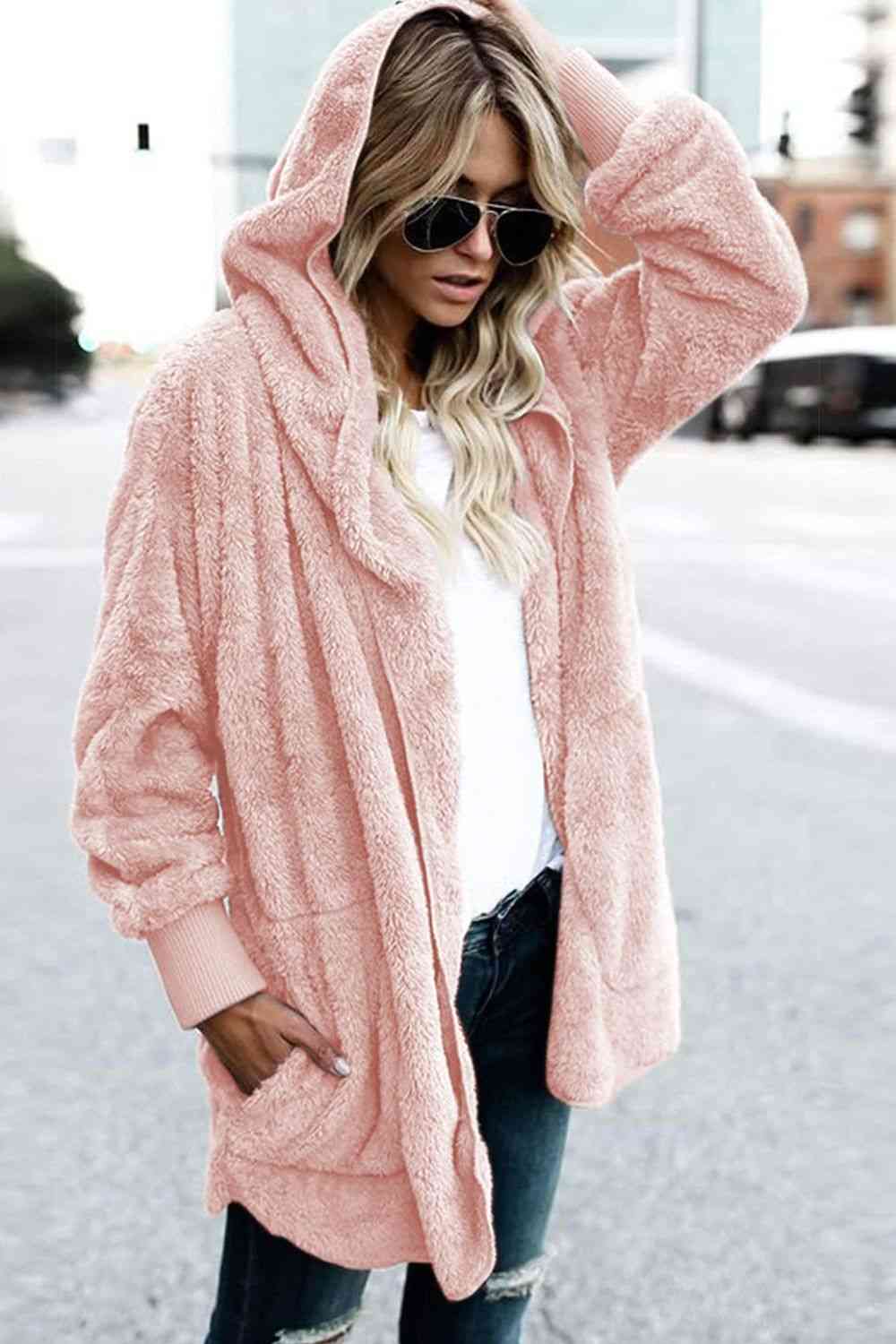 Teddy Hooded Jacket with Pockets - Trendsi - Flyclothing LLC