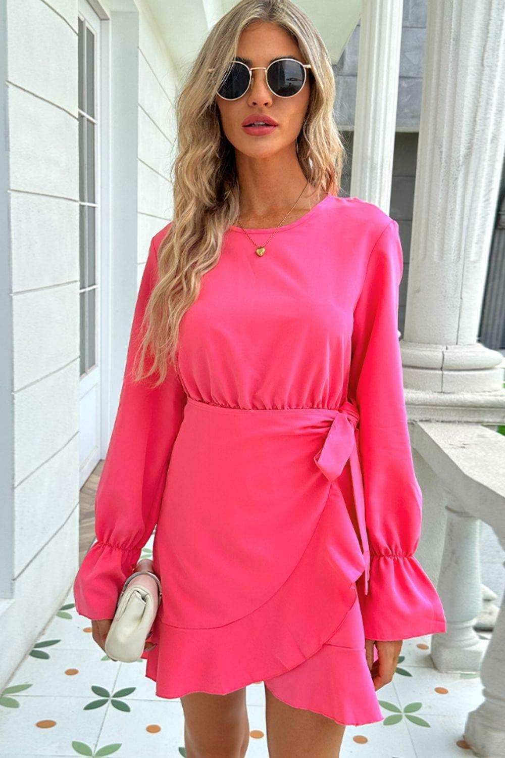 Round Neck Flounce Sleeve Ruffle Hem Mini Dress - Trendsi - Flyclothing LLC