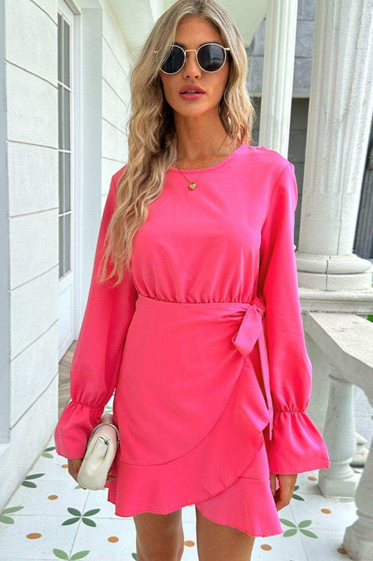 Round Neck Flounce Sleeve Ruffle Hem Mini Dress - Trendsi - Flyclothing LLC