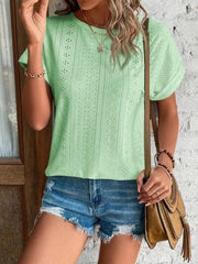 Eyelet Round Neck Short Sleeve T-Shirt - Trendsi