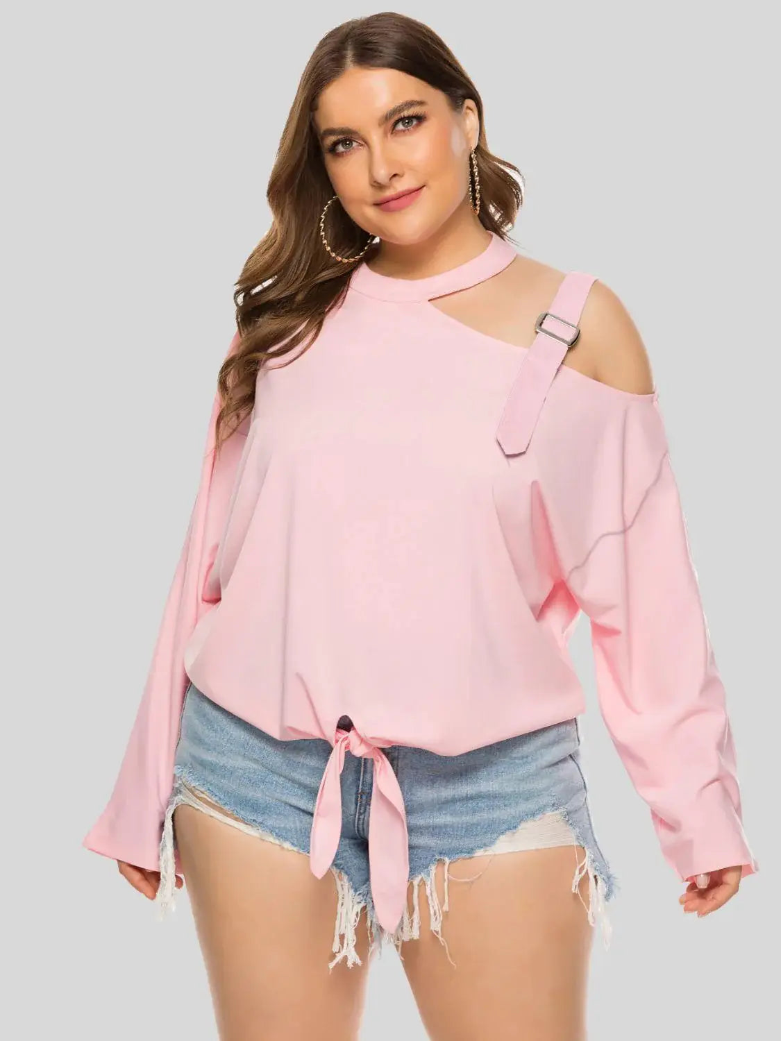 Plus Size Cold-Shoulder Tied Top - Trendsi - Flyclothing LLC