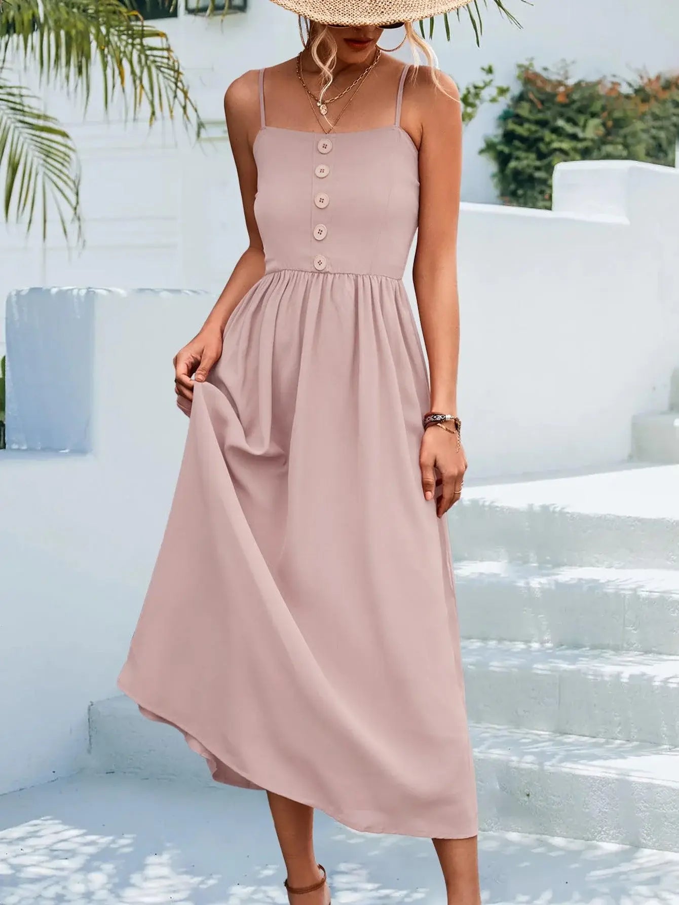 Decorative Button Spaghetti Strap Midi Dress - Trendsi - Flyclothing LLC