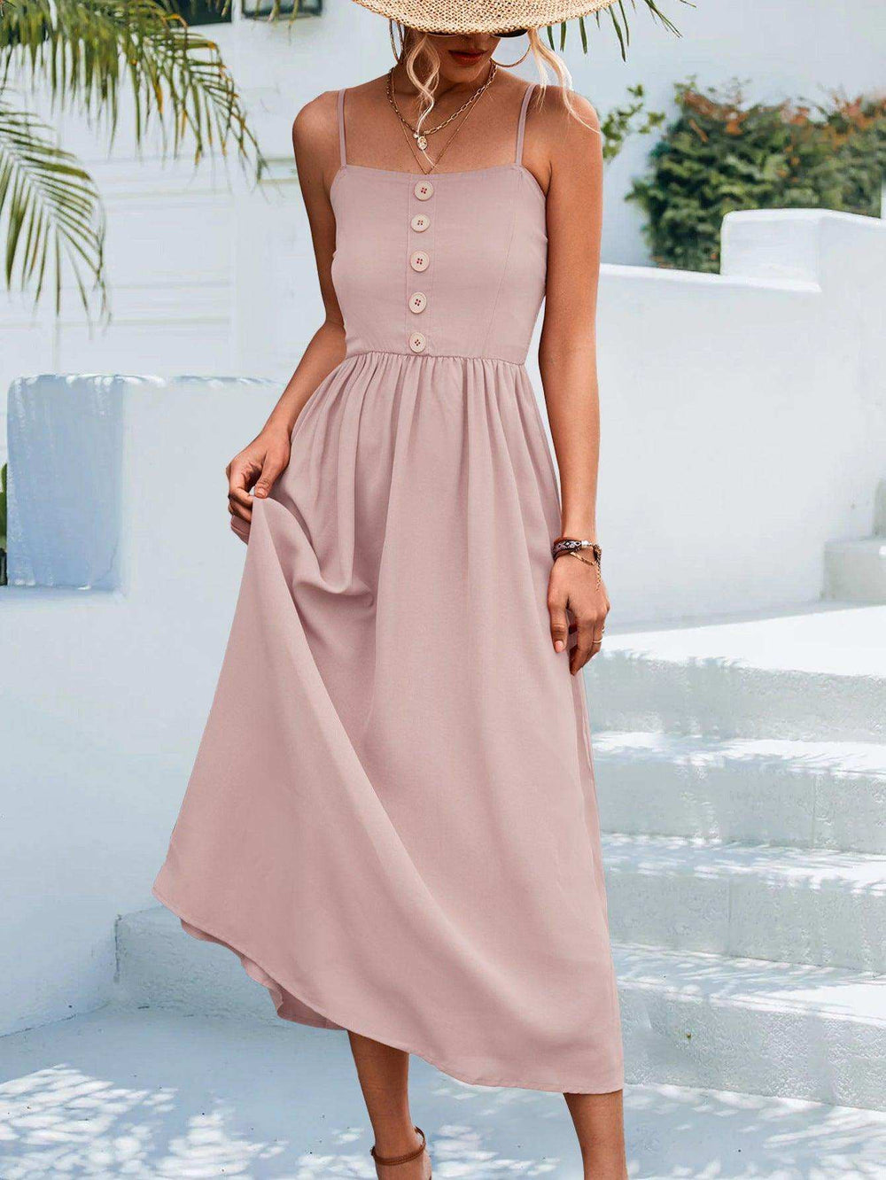 Decorative Button Spaghetti Strap Midi Dress - Trendsi - Flyclothing LLC