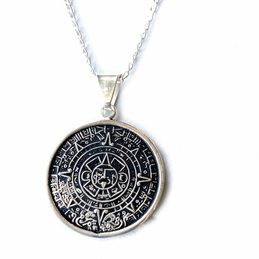 Alpaca Silver Aztec Calendar Pendant with Chain - Artisana
