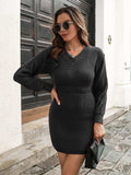 Rib-Knit V-Neck Sweater Dress - Trendsi - Flyclothing LLC
