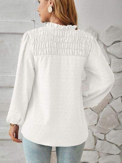Ruched Swiss Dot Notched Balloon Sleeve T-Shirt - Trendsi - Flyclothing LLC