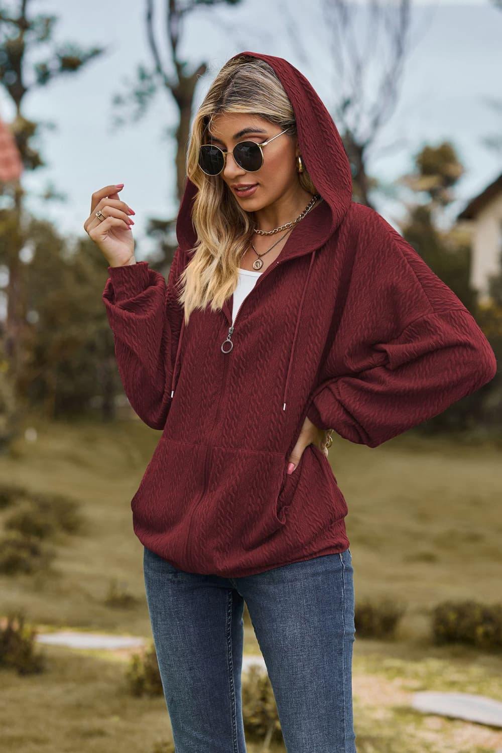 Cable-Knit Long Sleeve Hooded Jacket - Trendsi