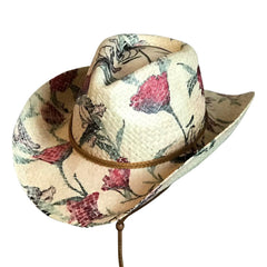 Floral Red & Green Print Straw Western Cowgirl Hat - Flyclothing LLC