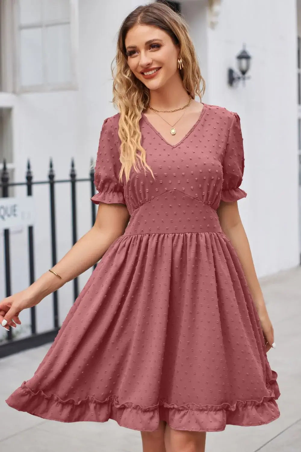Swiss Dot Frill Trim Flounce Sleeve V-Neck Dress - Trendsi - Flyclothing LLC