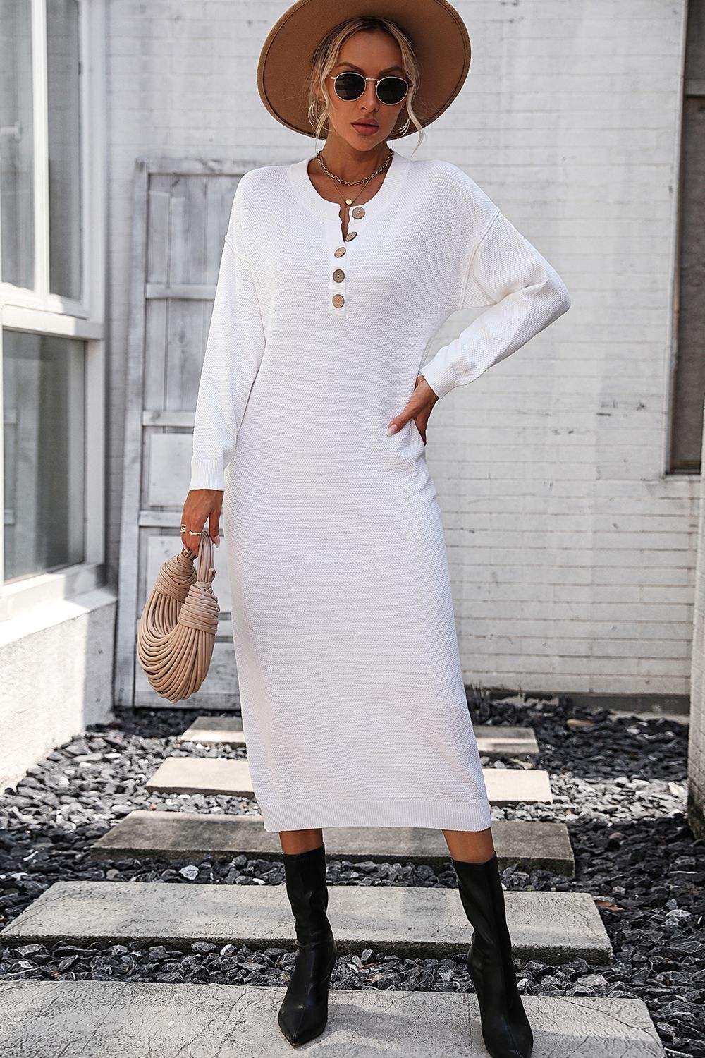 Notched Neck Dropped Shoulder Button-Down Midi Dress - Trendsi - Flyclothing LLC
