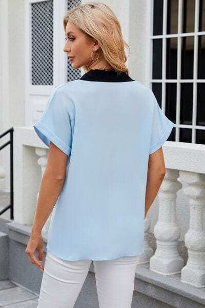 Contrast Johnny Collar Short Sleeve Blouse - Trendsi - Flyclothing LLC