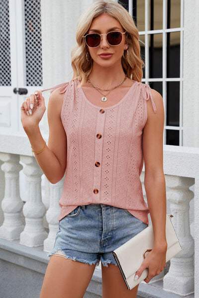 Eyelet Round Neck Wide Strap Tank - Trendsi - Flyclothing LLC