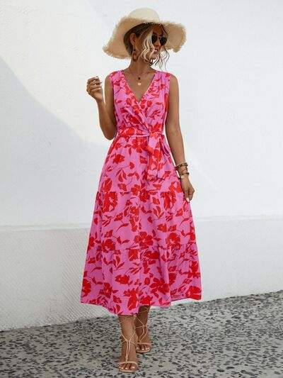 Tied Printed Surplice Tiered Dress - Trendsi - Flyclothing LLC