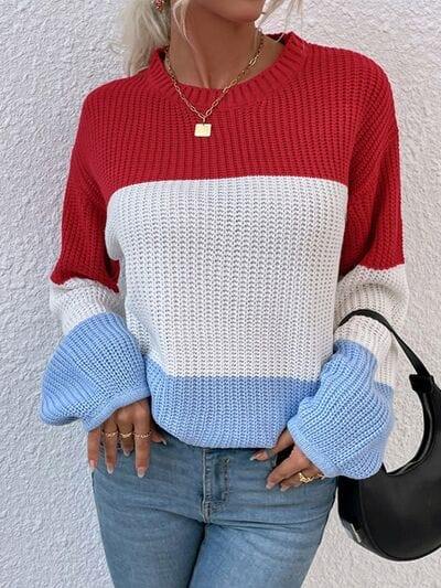 Color Block Round Neck Sweater - Trendsi