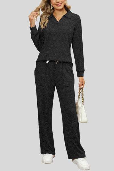 Ribbed Long Sleeve Top and Pocketed Pants Set - Trendsi - Flyclothing LLC