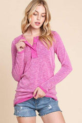 Reborn J Contrast Trim Half Button Long Sleeve T-Shirt - Trendsi - Flyclothing LLC